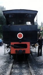 Steam locomotive No. 1 takes on water while having a rest after the steep gradient
