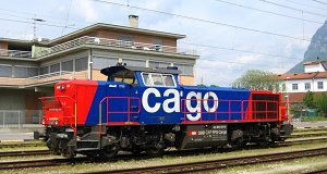 SBB Cargo's diesel locomotive Am 843 054 (Vossloh G 1700-2 BB) is idling at Mendrisio station at noon