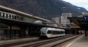 Thurbo's no. 765 GTW 2/8 EMU arrives from Sargans as S12 service.