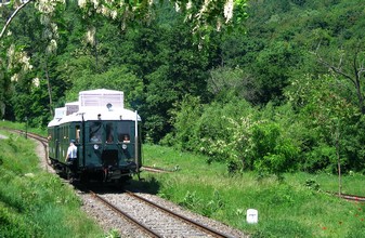 The train is descending under the canopy of Robinia flowers to Sztaravoda-patak station stop.