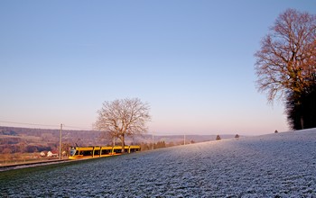 Swiss tram dashes towards Rodersdorf on French territory.