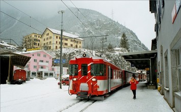 This push-pull train to Andermatt prepares for depature in different liveries, but already as part of the MGB fleet.
