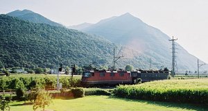 Two electric locos, the Re 4/4 III and an Re 6/6, running from Luino toward Bellinzona at Contone junction