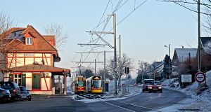 Trams crossing in Leymen station