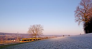 Schweizer Tram flitzt auf französischem Staatsgebiet Richtung Rodersdorf.