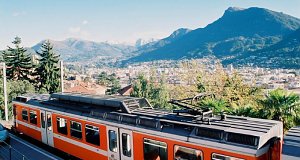 Lugano - A class Be 4/8 electric trainset is resting in the terminal, located high above the city centre