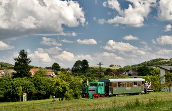 Der Zug der Börzsöny Kisvasút (Schmalspurbahn Börzsöny) kommt schon aus Richtung Szob.